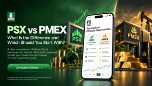 PSX vs PMEX comparison in Pakistan showing stock market shares and commodity futures trading