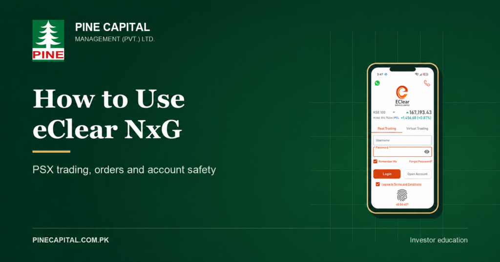 eClear NxG app login screen for PSX trading