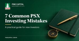 PSX investing mistakes guide with a green notebook, gold pen and compass