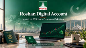 Roshan Digital Account guide for overseas Pakistanis investing in PSX shares, featuring a trading screen and Pakistani passport.